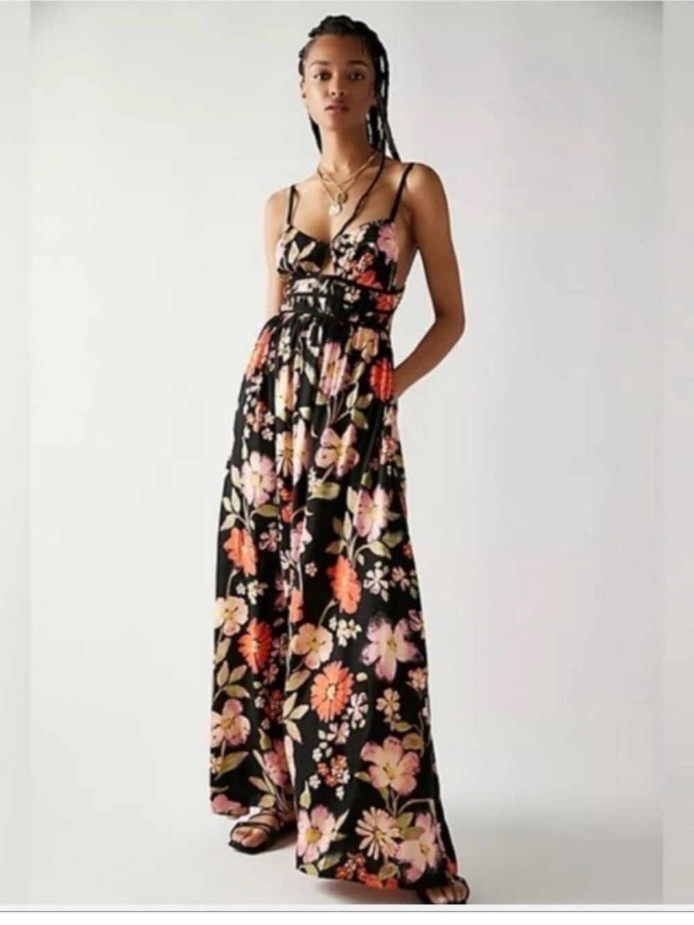 NWT Free People Wisteria Maxi Dress - Black Floral Size L